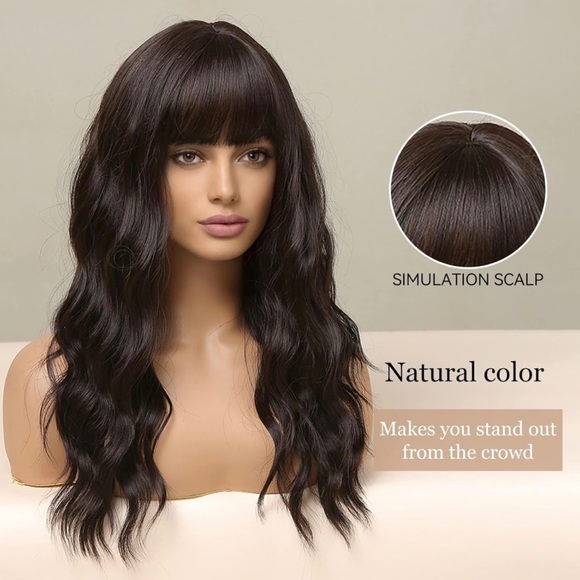 Human hair blend black brown wavy wig with bang. - Picture 3 of 5